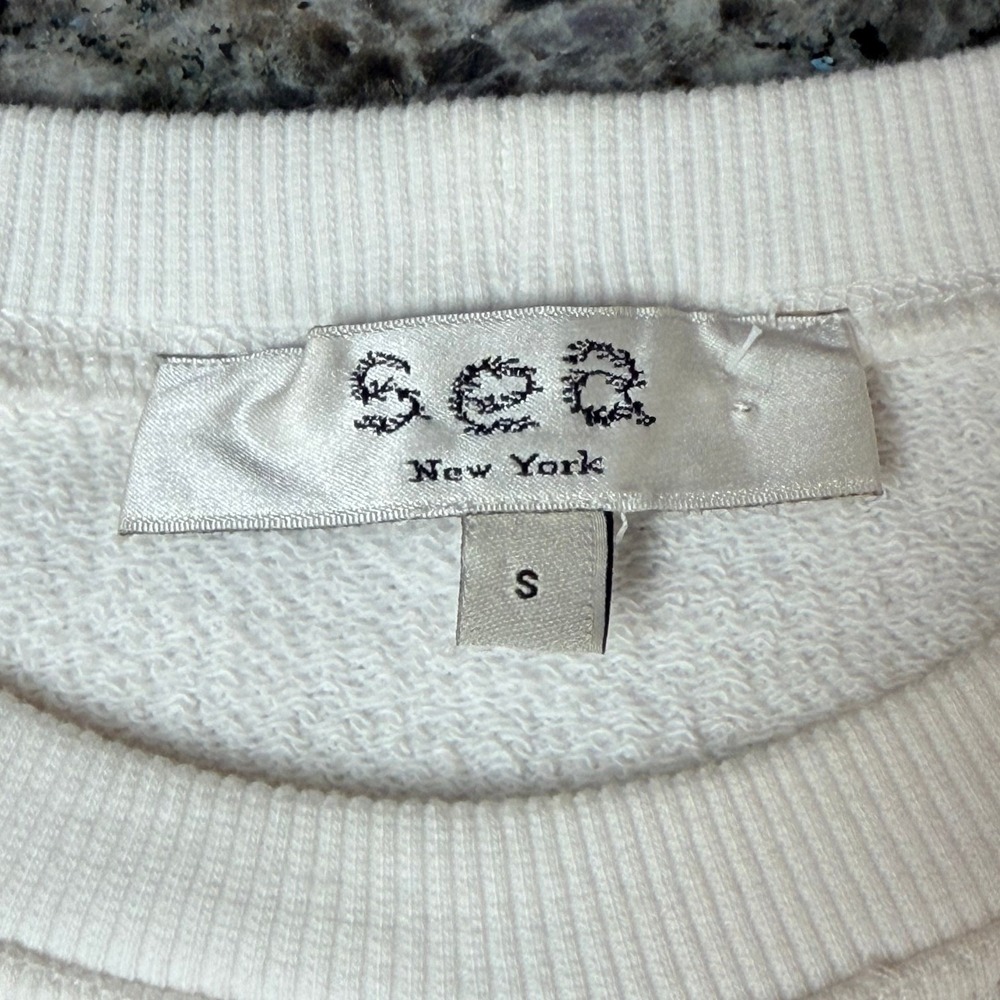 SEA New York Sweatshirt S White Quilted Patchwork Floral Puff Sleeve Boho - Picture 6 of 6